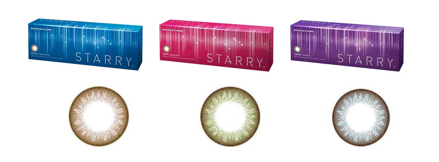 「スターリー(R)」(左から)ヴィーナス、アース、ジュピター販売名:ワンデーウィズカラー「愛称:スターリー(R)」 1箱10枚入り/30枚入り オープン価格 医療機器承認番号: 22600BZX00175000