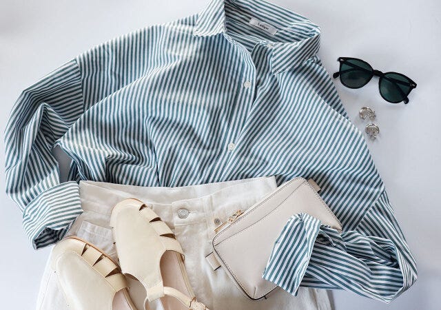 CデニムHWワイドP　ストライプシャツ　コーデ