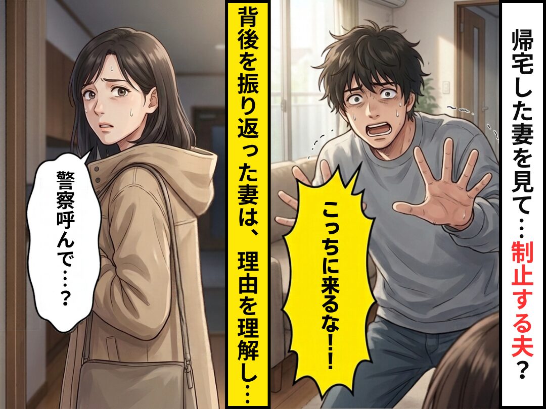 帰宅した妻を見て…「こっちに来るな！！」後ずさりする夫？⇒次の瞬間、妻はワケを理解し「警察呼んで…？」