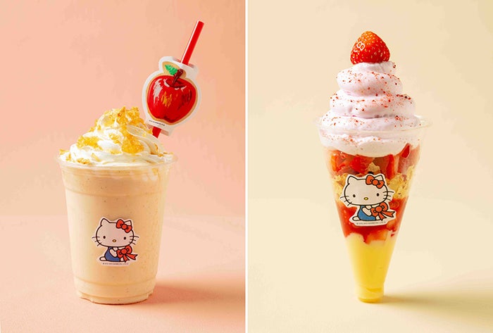 右から：ハローキティのいちごづくしパフェ ¥700、ハローキティの飲むアップルパイ ¥600／画像提供：サンリオ