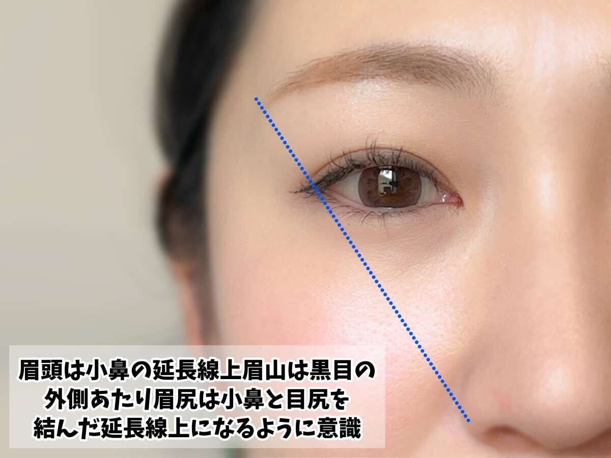 眉頭・眉山・眉尻の位置を示す目安（小鼻と目尻を結んだ延長線上）