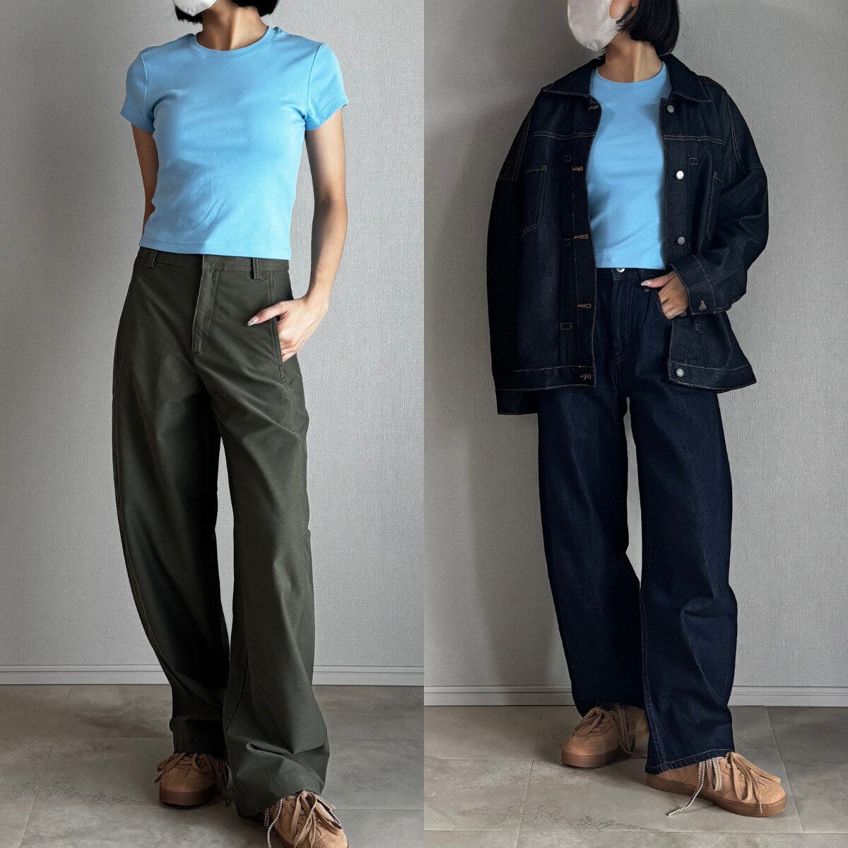 左:水色ミニTとカーキパンツの夏コーデ。右:水色ミニTにデニムジャケットを羽織った秋コーデ