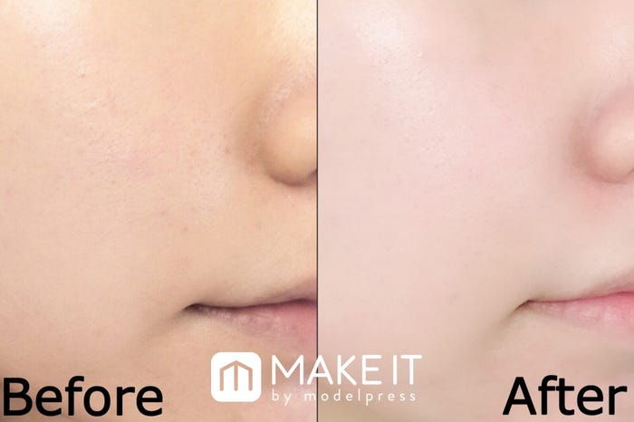 左:素肌/右:【セザンヌ】「皮脂テカリ防止下地」“ライトブルー”使用 (C)メイクイット