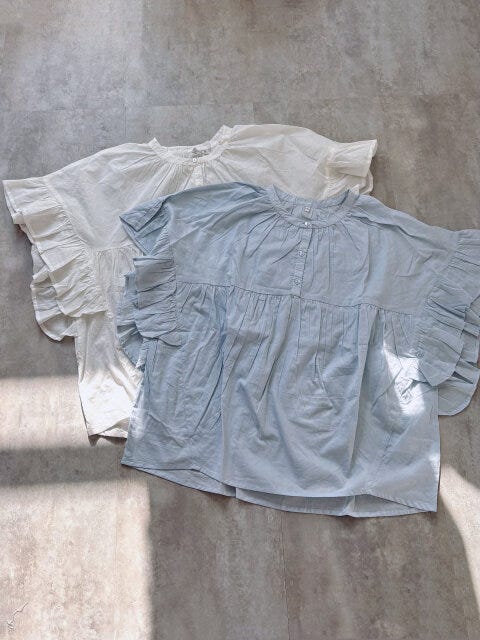 coca　ガーゼ袖フリルブラウス　WHITE　LT.BLUE