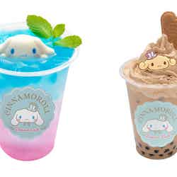 シナモンのピンクレモンカルピスソーダ650円、エスプレッソの黒糖タピオカ入りアーモンドラテ700円(C)2019 SANRIO CO.,LTD.