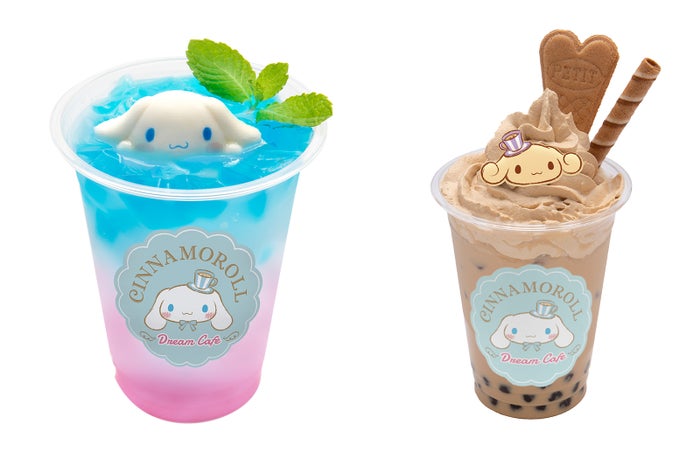 シナモンのピンクレモンカルピスソーダ650円、エスプレッソの黒糖タピオカ入りアーモンドラテ700円(C)2019 SANRIO CO.,LTD.