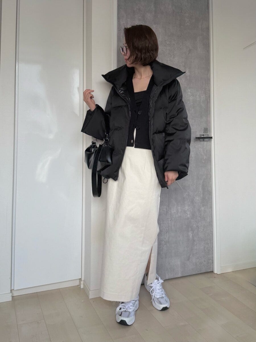 ユニクロダウンボリュームジャケット ユニクロダウンボリュームジャケットとタイトスカートコーデ