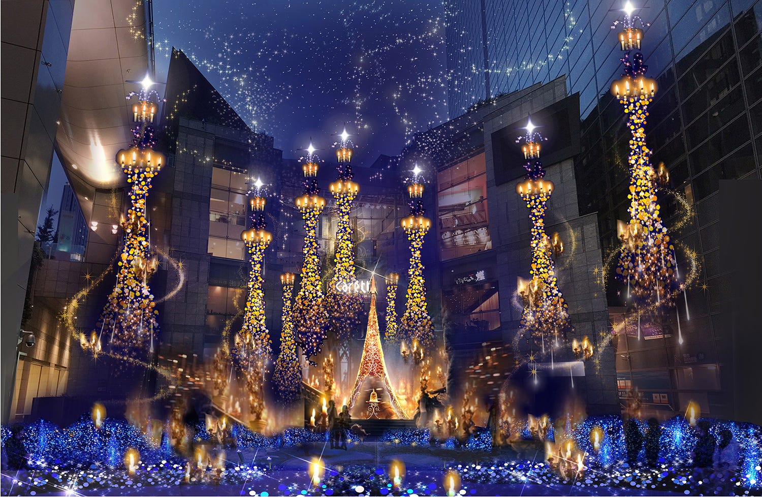 カレッタ汐留で「美女と野獣」のクリスマスイルミ “ベルイエロー”の光に包まれる