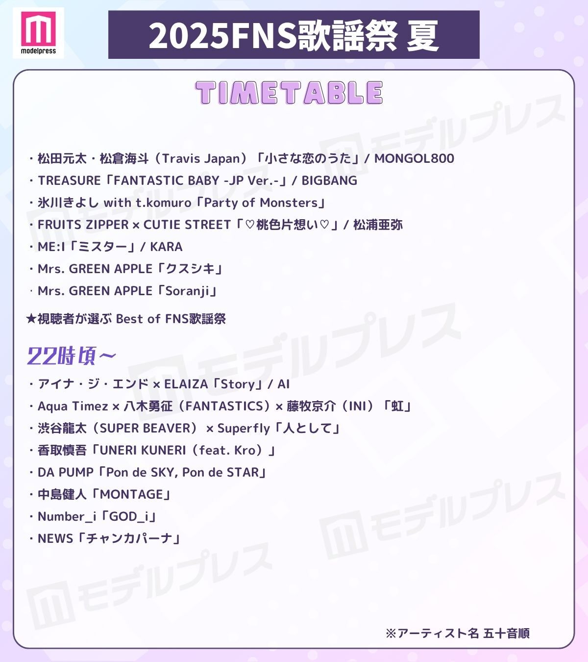 「2025 FNS歌謡祭 夏」タイムテーブル（C）モデルプレス