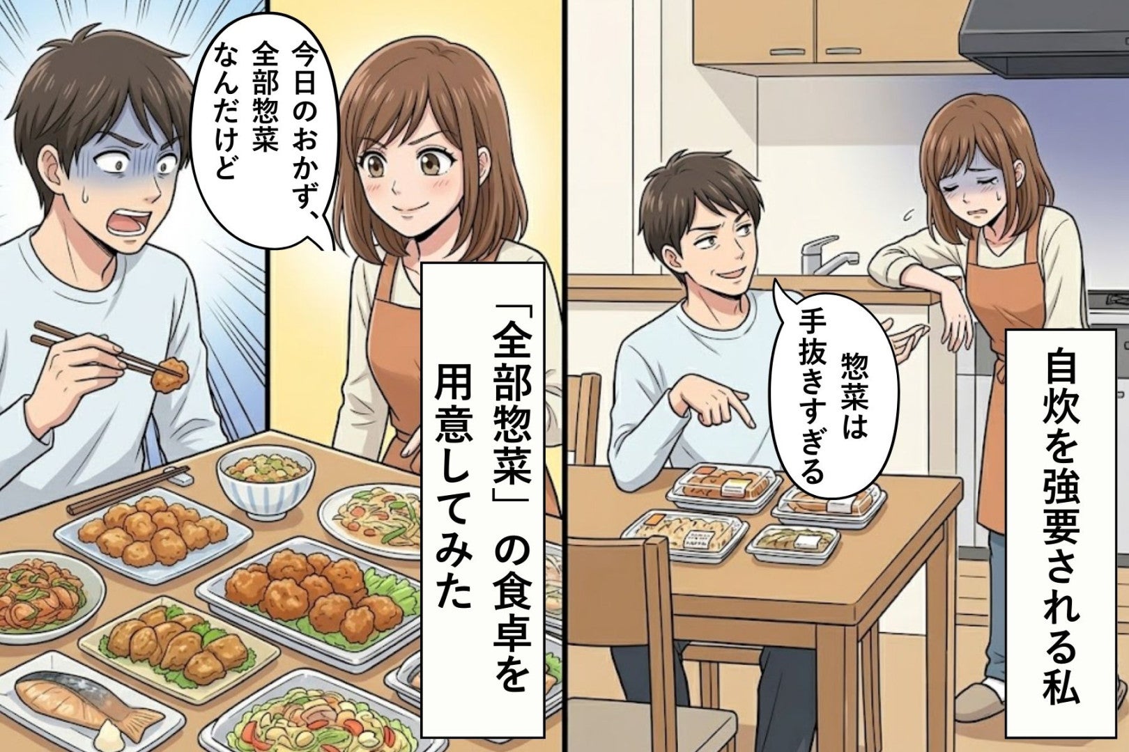 「惣菜は手抜きすぎる」共働きで自炊を強要してくる旦那→すべてのおかずを惣菜にしてみたら...
