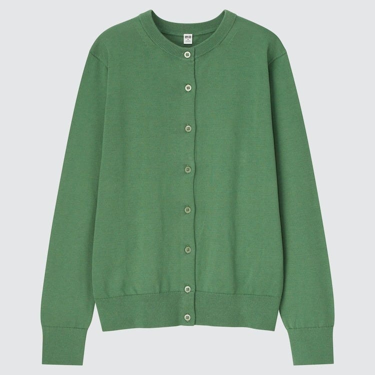 ユニクロ　uniqlo　レディース　アイテム　おすすめ　オススメ　トレンド　人気　コスパ　使える　おしゃれ　お洒落　オシャレ　2022　UVカット　着る日焼け止め　紫外線対策　日焼け防止　羽織り　カーディガン　カーデ　UVカットクルーネックカーディガン　グリーン