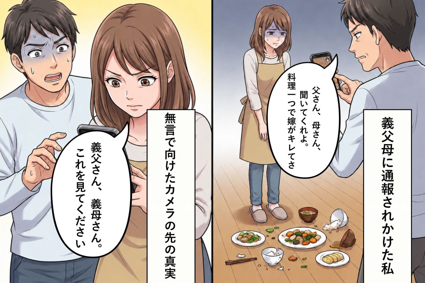 「こんなの食えるか」と夕食を床に払う夫→義父母に通報されかけた私が、無言で向けたカメラの先の真実
