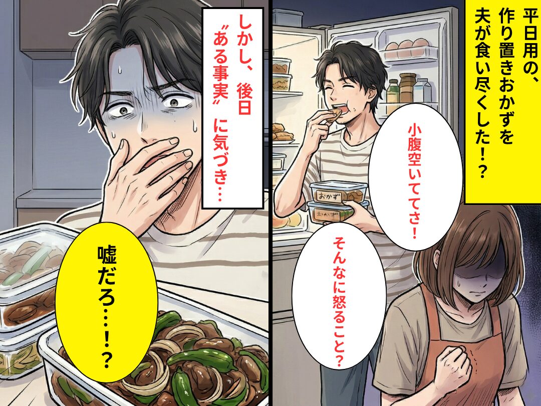 平日のための…“作り置きおかず”を夫が食い尽くし。しかし後日⇒「嘘だろ…！？」ある事実に気づき…夫は真っ青に！？