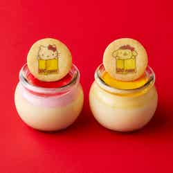 ハローキティ とろけるプリン(ラズベリー風味)扇子1本付き、ポムポムプリン とろけるプリン(マンゴー風味)扇子1本付き 各¥1,000(C)2025 SANRIO CO., LTD. APPROVAL NO. L660648