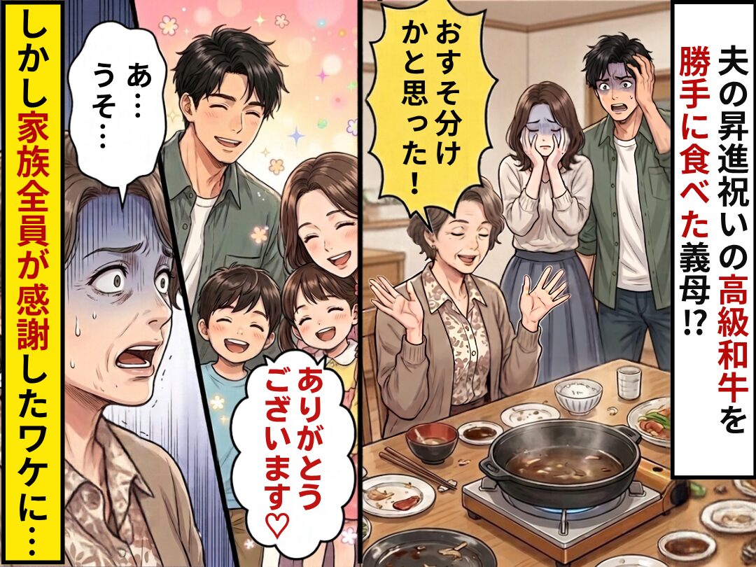 夫の昇進祝いの【高級和牛】を勝手に食べた義母！？しかし⇒家族全員が「ありがとうございます♡」義母「あ…うそ…」