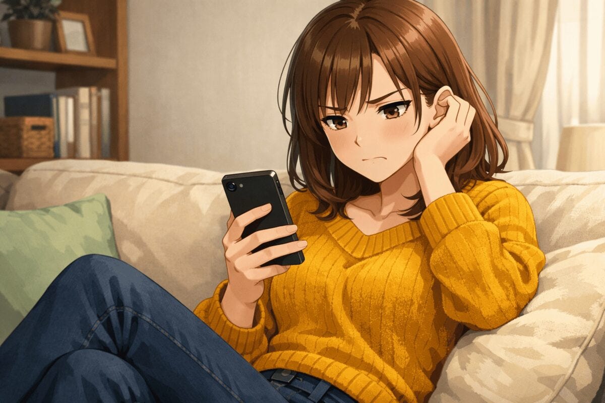 スマホを見てモヤモヤする女性のイメージ
