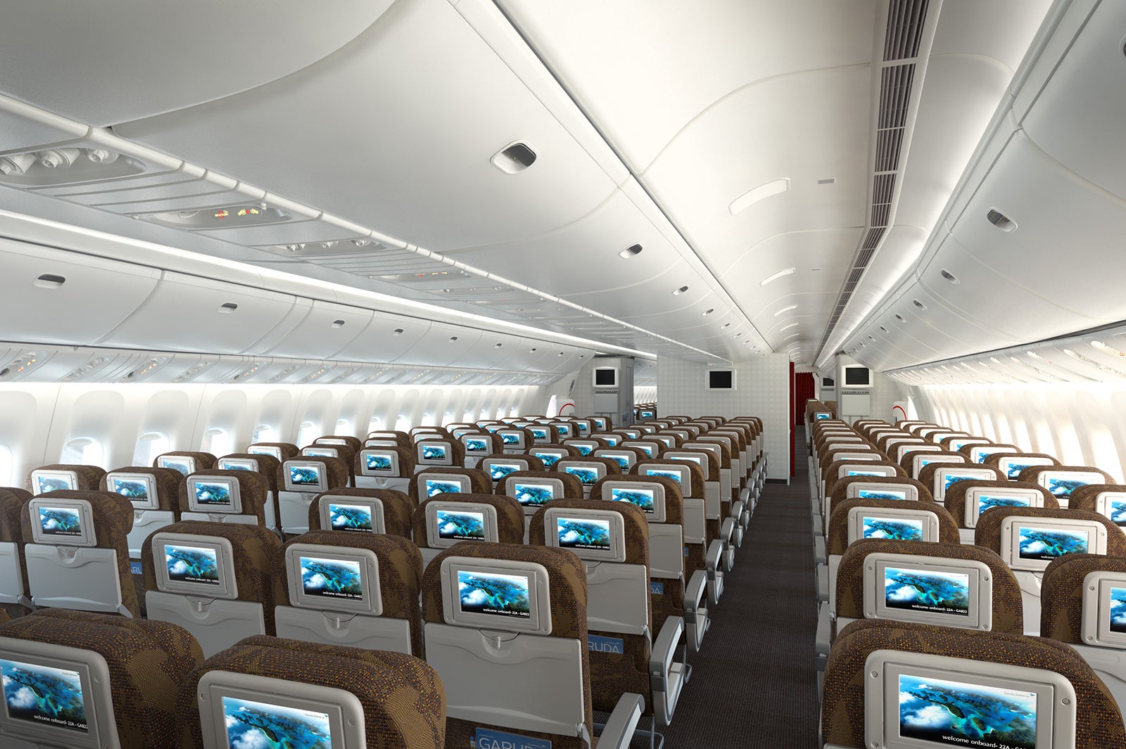 エコノミーシート。全席にタッチパネル式モニターが設置され、映画・音楽が楽しめる／画像提供：ガルーダ・インドネシア航空