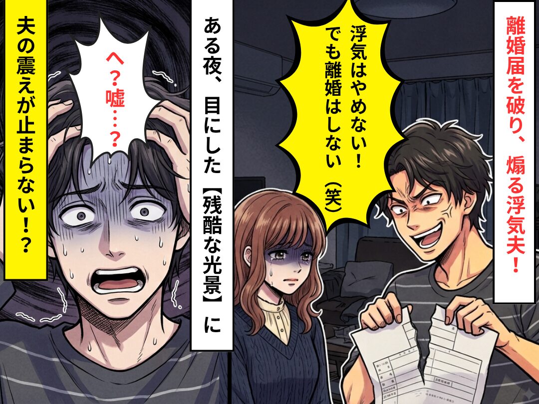「浮気はやめない！でも離婚はしない～（笑）」離婚届を破り、煽る夫！？ある夜⇒目にした【残酷な光景】に「へ？嘘…？」