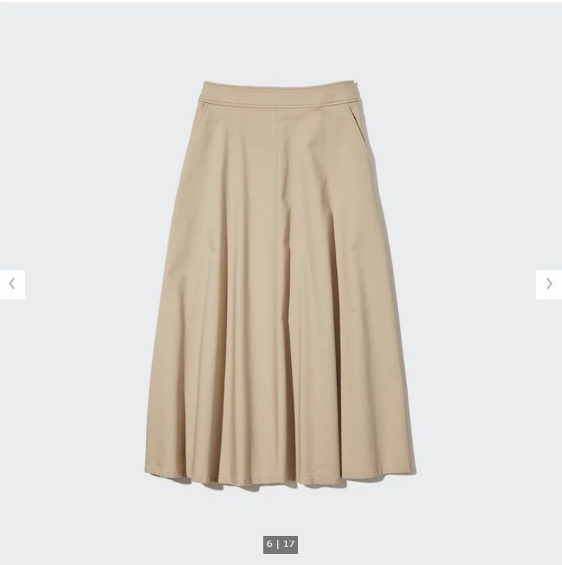 ユニクロ　uniqlo　レディース　アイテム　おすすめ　オススメ　トレンド　人気　コスパ　使える　おしゃれ　お洒落　オシャレ　2022　夏　スカート　ボトムス　ボトム　ストレッチコットンブレンドサーキュラースカート　ベージュ　サーキュラースカート　aライン