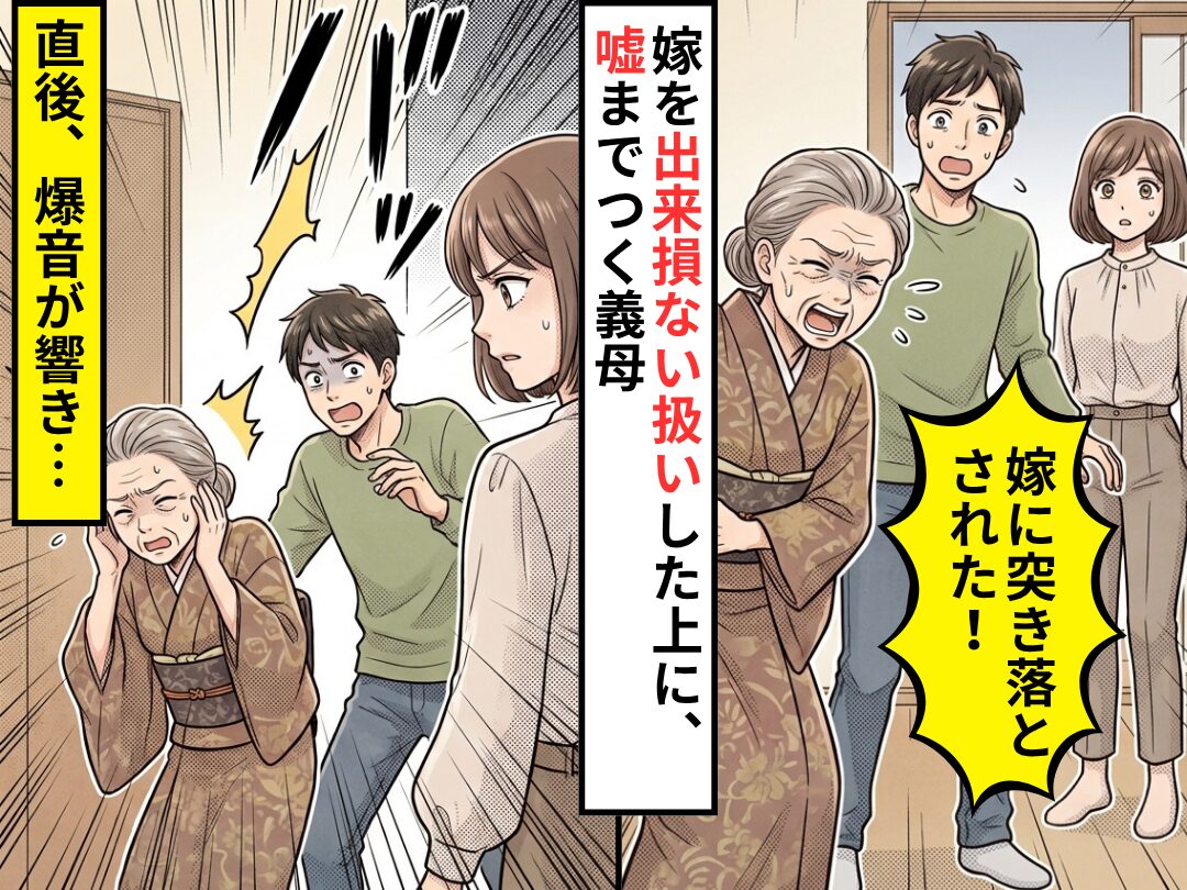 嫁を”出来損ない”呼びした挙句…「嫁に突き落とされた！」嘘までつく義母。だが直後⇒爆音が響いた話