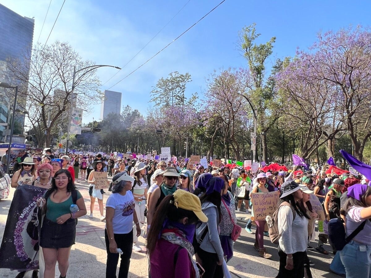 2023年3月8日、国際女性デーのメキシコシティ中心部アラメダ公園前の様子。史上最多の9万以上の参加者が行進した