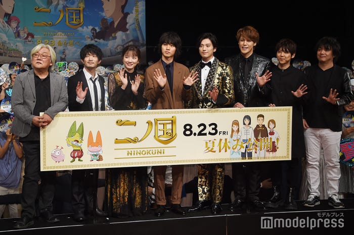 (左から)百瀬義行監督、津田健次郎、永野芽郁、山崎賢人、新田真剣佑、宮野真守、梶裕貴、日野晃博氏(C)モデルプレス