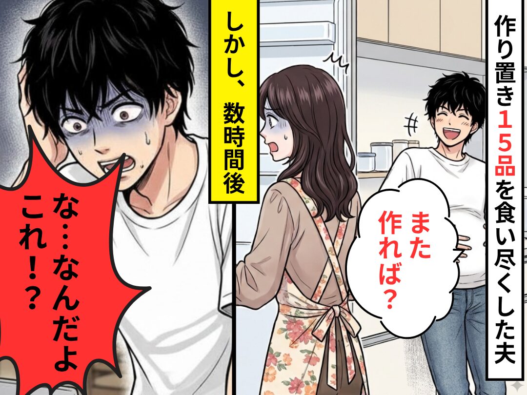3時間かけた妻の“作り置き15品”を食い尽くす夫。「また作れば？」しかし数時間後⇒「な…なんだよこれ！？」