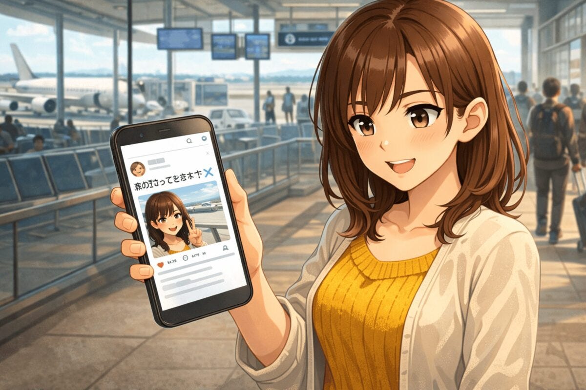 空港でSNS投稿をする女性のイメージ
