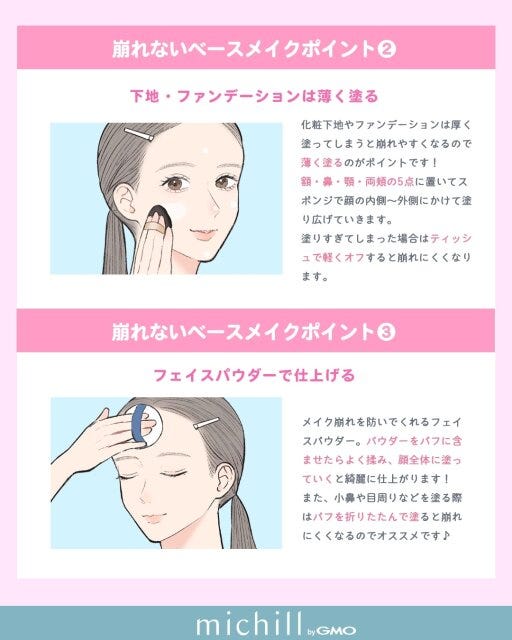 崩れないベースメイク　下地・ファンデは薄く塗る　フェイスパウダーで仕上げる