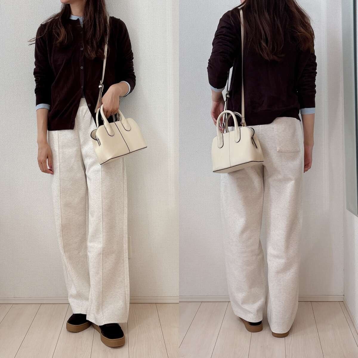 ユニクロ　スウェットストレートパンツ　ブルー×ブラウンカーディガンレイヤードコーデ