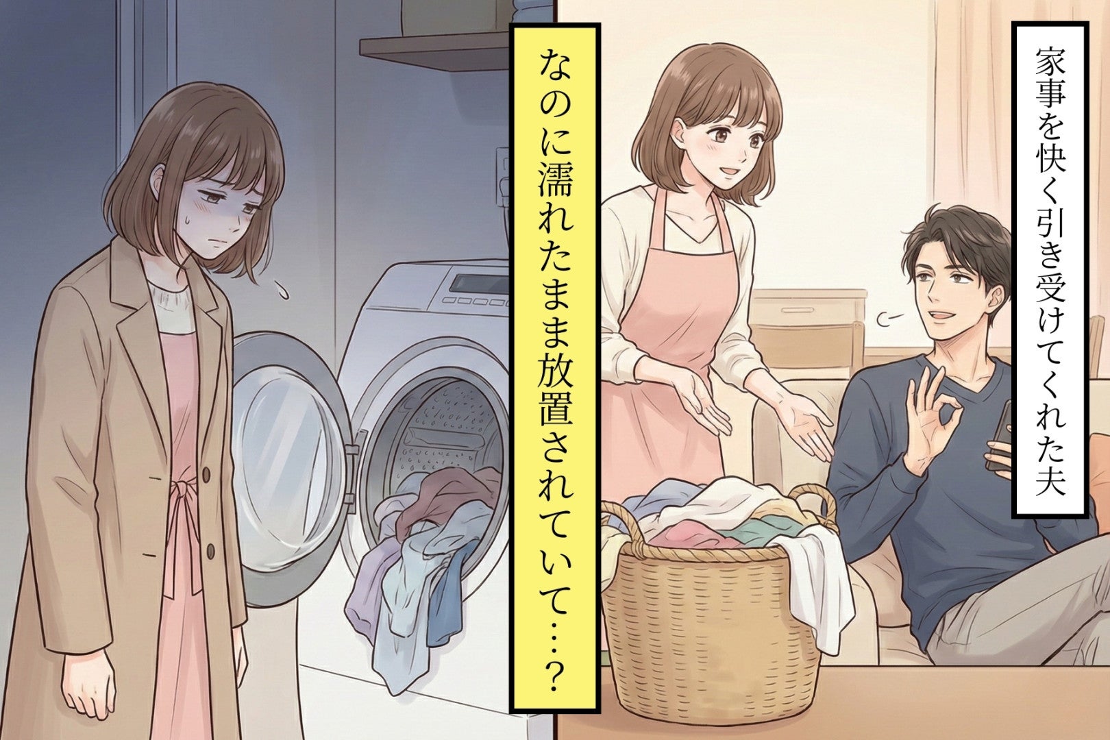 夫に「洗濯お願い」と頼んだら → 洗濯機は回したのに干さず放置されていて