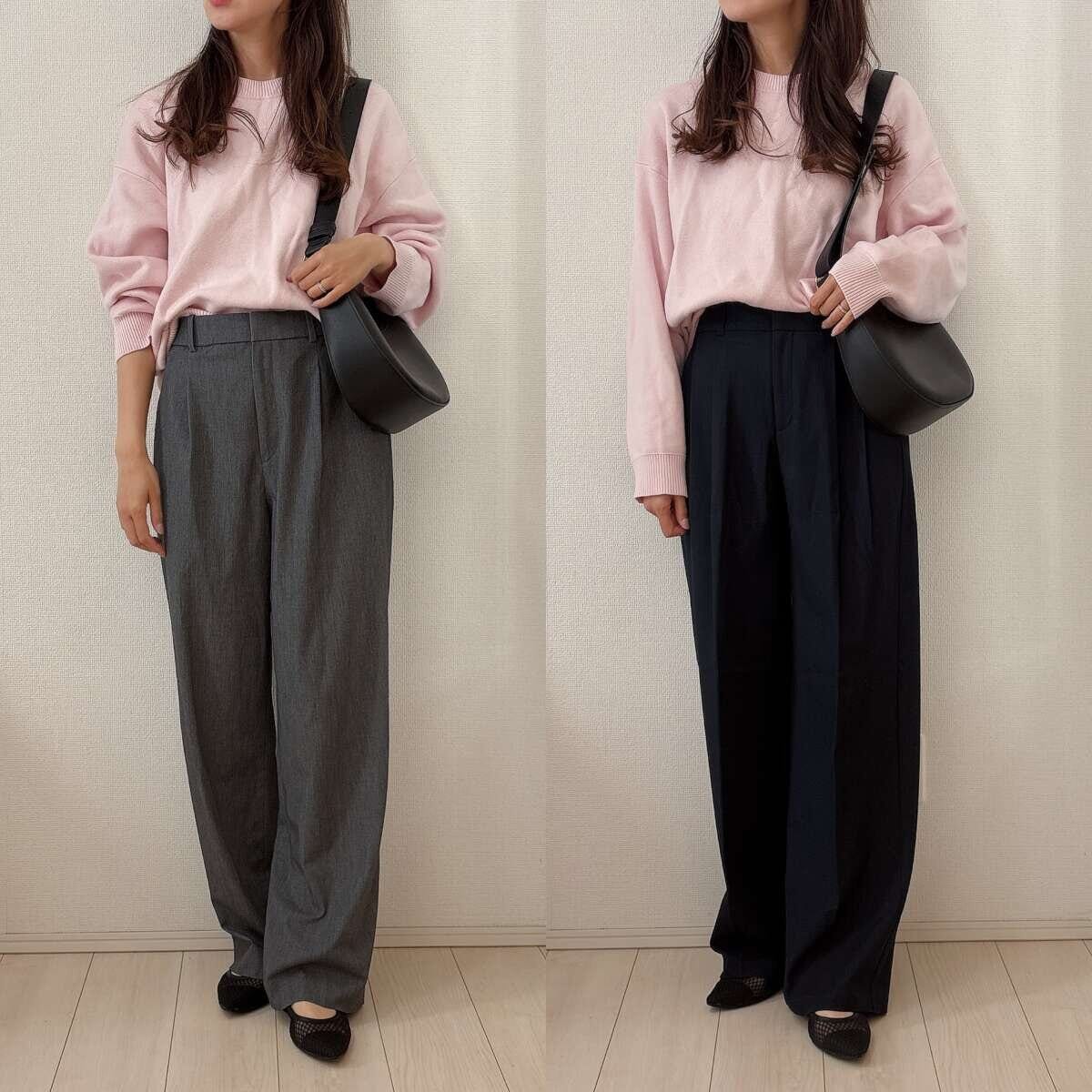 ユニクロGUタックワイドパンツ比較　ピンクニット