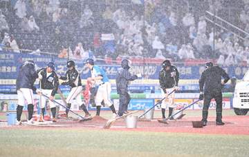 ロッテ－日本ハム 25分超のグラウンド整備後に試合再開 雨脚強まって八回表途中で一時試合中断 ロッテが1点リード