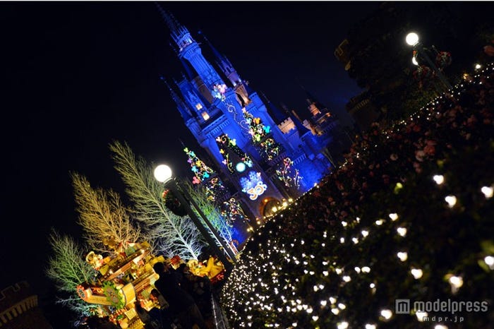 夜のシンデレラ城前は幻想的な雰囲気に包まれる