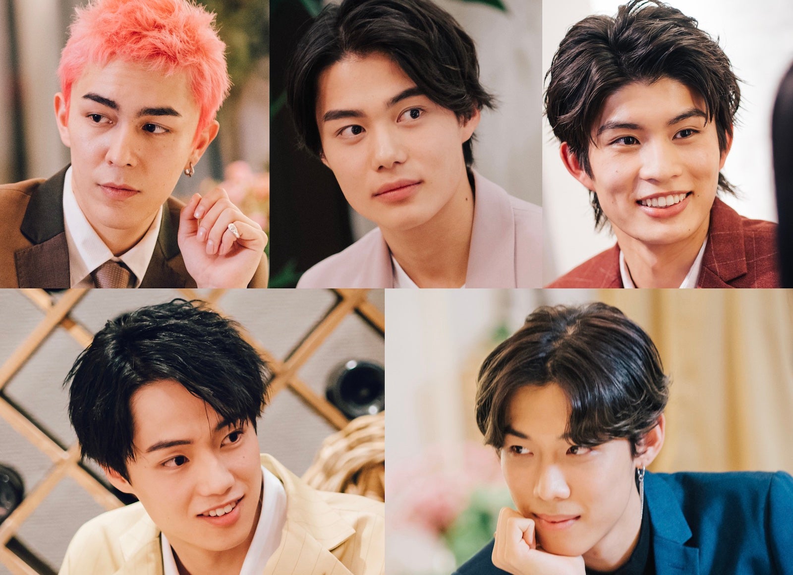 （左上から時計回りに）マテウス、今井竜太郎、柊太朗、ロビン、夏生大湖「花束とオオカミちゃんには騙されない」男性メンバー（C）AbemaTV, Inc.