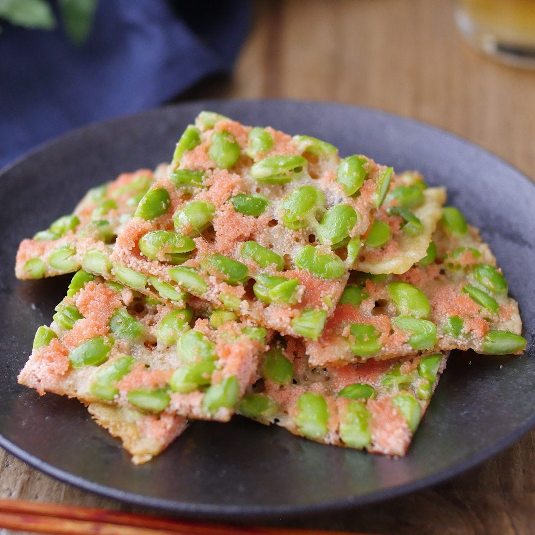 材料３つで簡単おつまみ。明太枝豆チーズせんべい