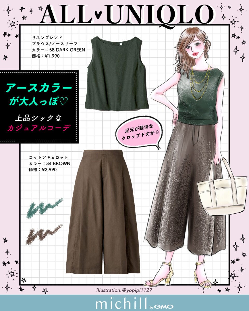 アースカラーの上品シックカジュアルコーデイラスト ダークグリーンのノースリーブブラウスにブラウンのキュロットと白トートを合わせた女性のイラストと各商品写真のコーデボード