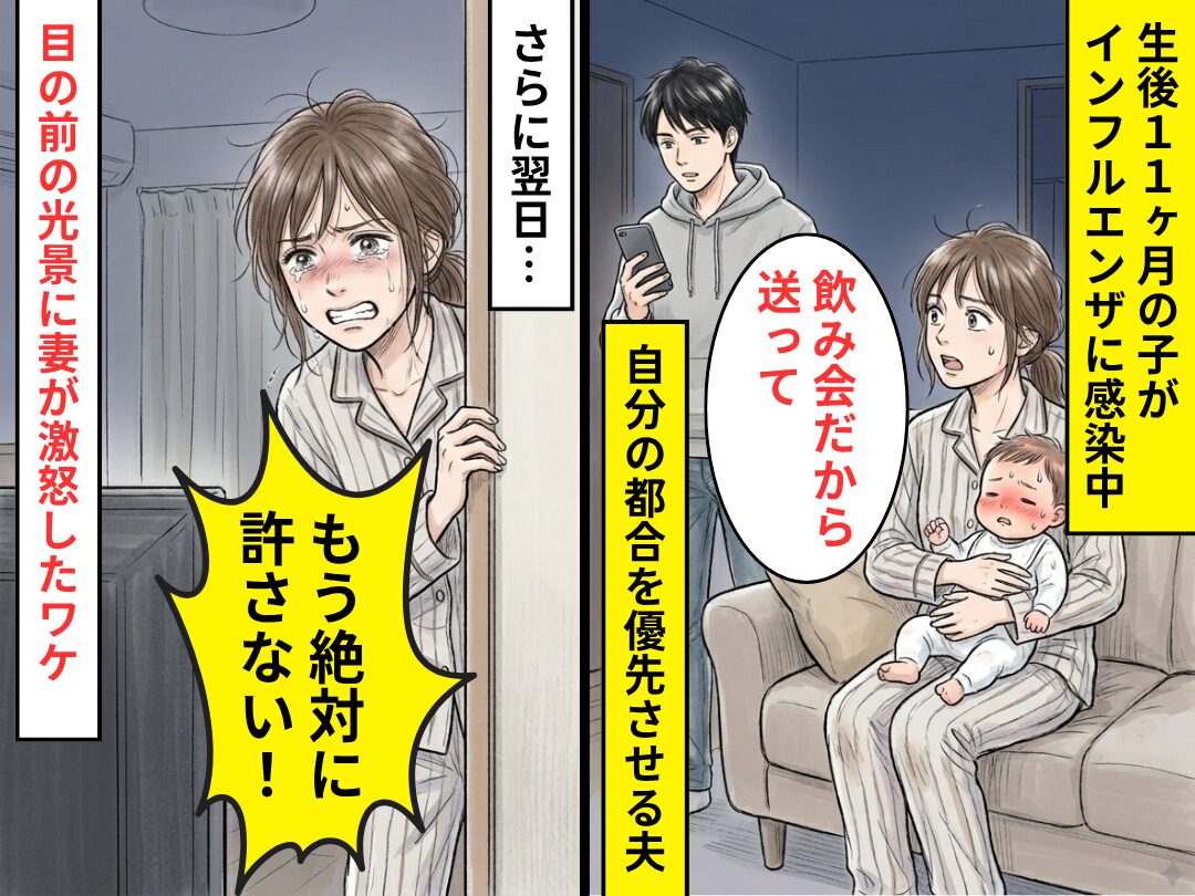 高熱に苦しむ子より“飲み会の送迎”を優先させる夫！？さらに翌日⇒目にした光景に…妻「もう絶対に許さない！」