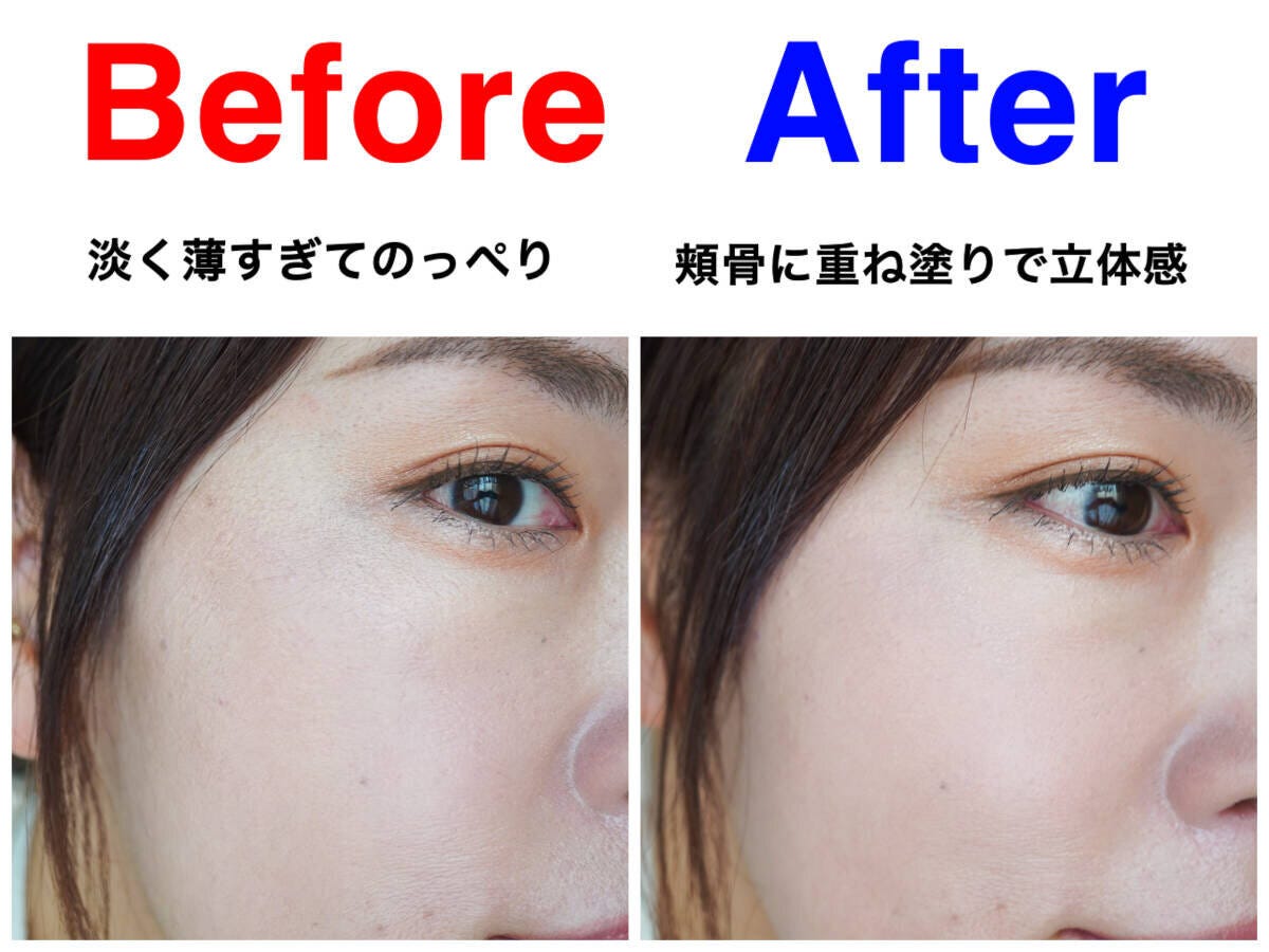 淡く薄いチーク（Before）と頬骨への重ね塗りで立体感が出たチーク（After）の顔比較