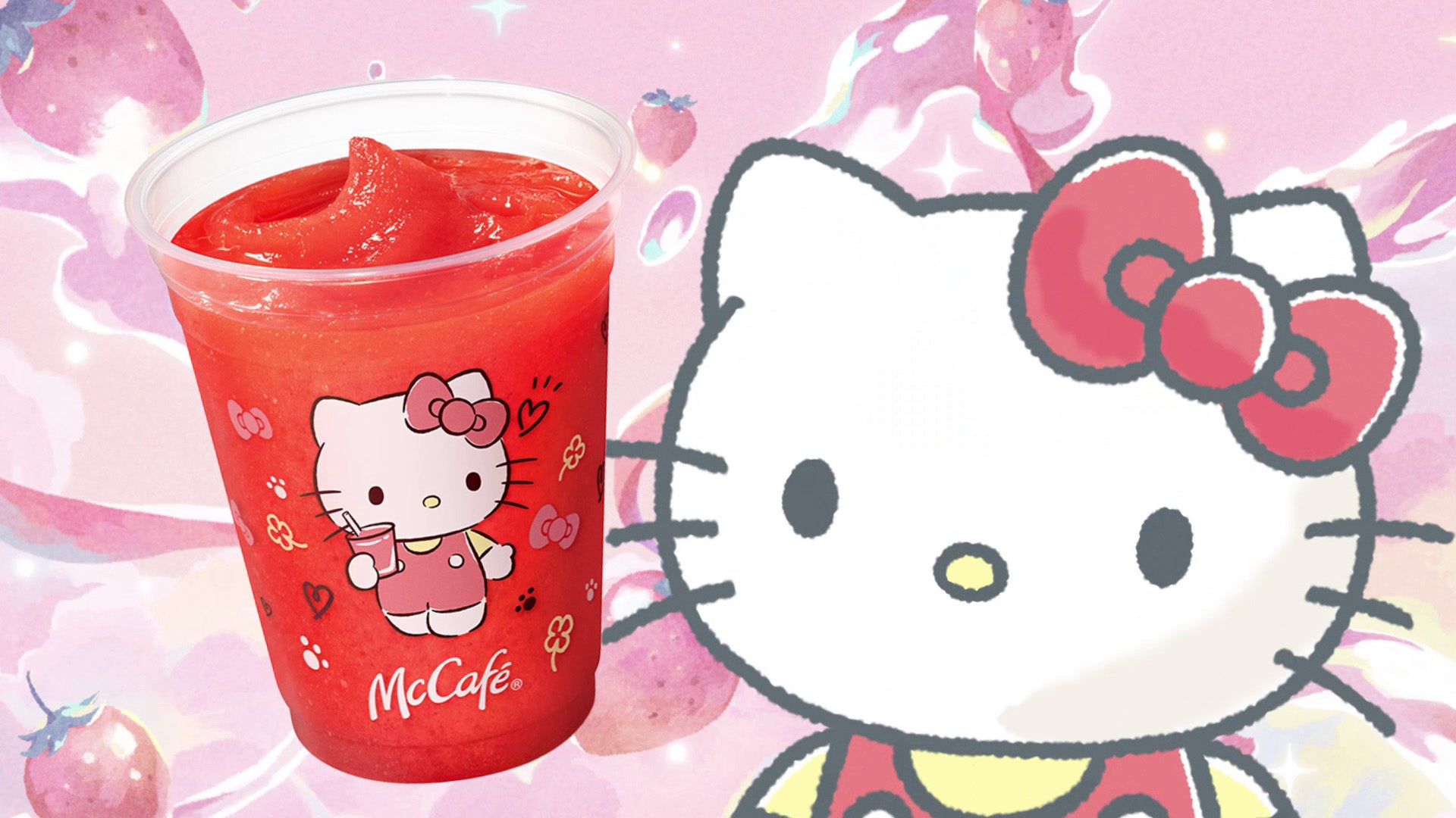 ハローキティのジューシーいちごスムージー／マクドナルド新CM「マックに甘いの飲みにこないか キティとプリン」篇より（提供写真）