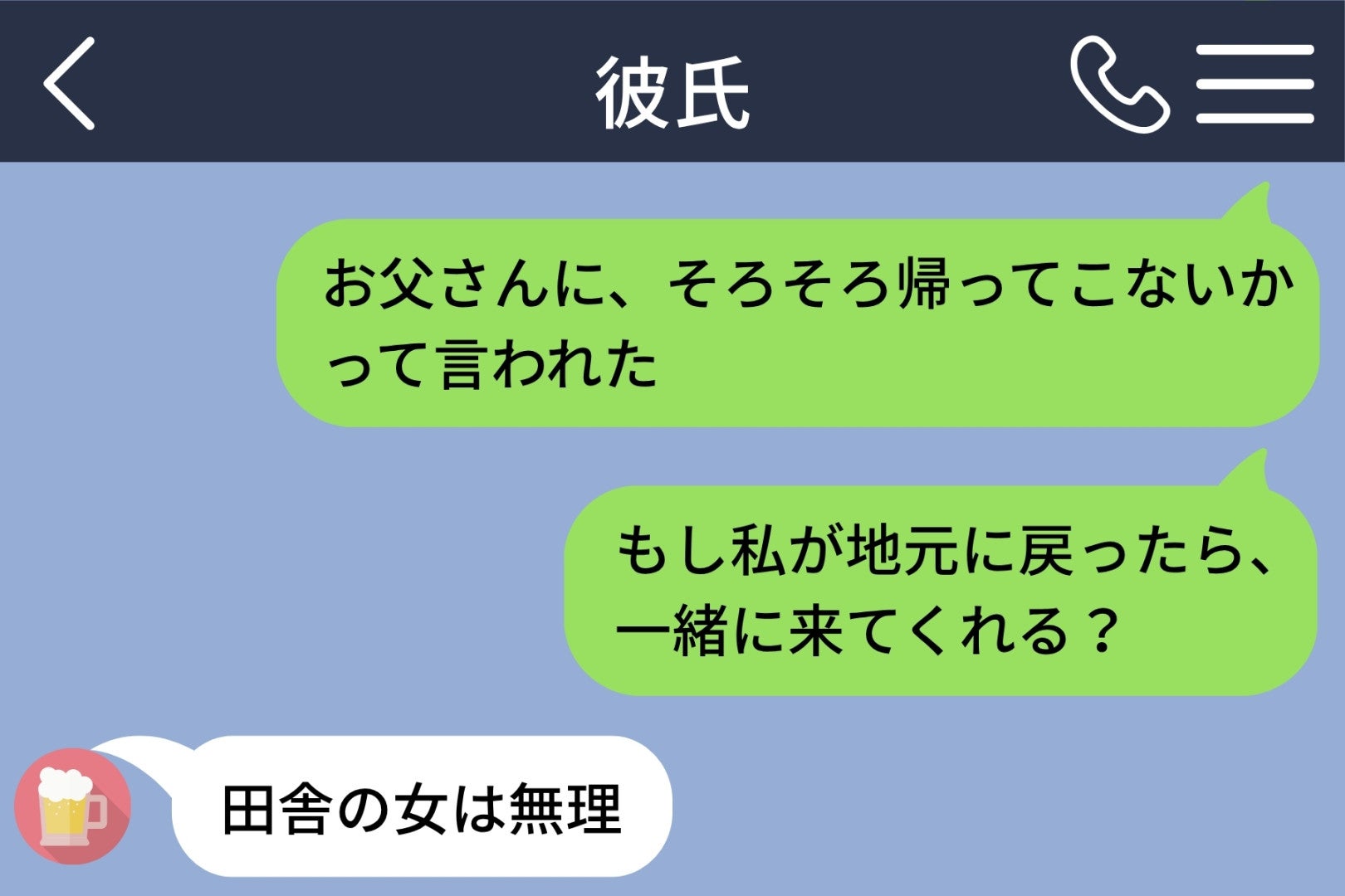 「田舎の女は無理」と送ってきた彼→４日目、実家の母から「今日、彼氏さんがうちに来たよ」