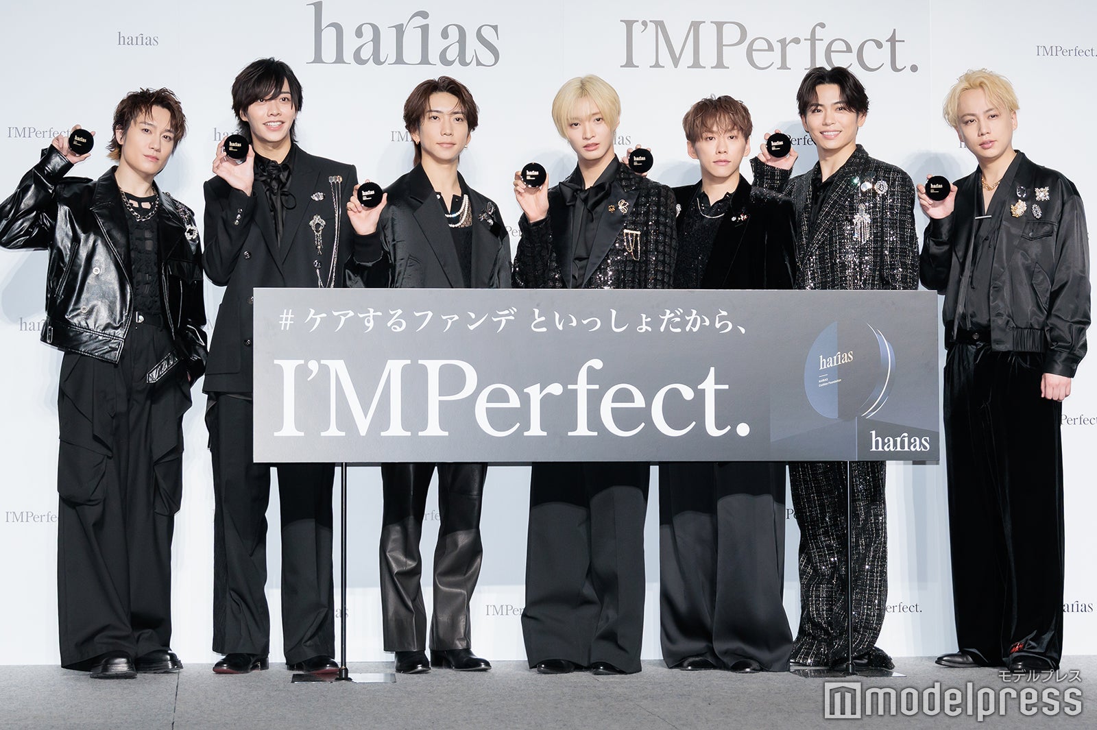 「HARIAS薬用クッションファンデーション」新CM発表会に出席したIMP.／（左から）椿泰我、松井奏、鈴木大河、佐藤新、基俊介、影山拓也、横原悠毅（C）モデルプレス