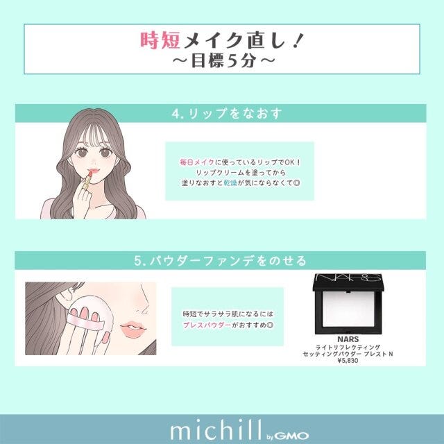 時短メイク直し　リップをなおす　パウダーファンデをのせる