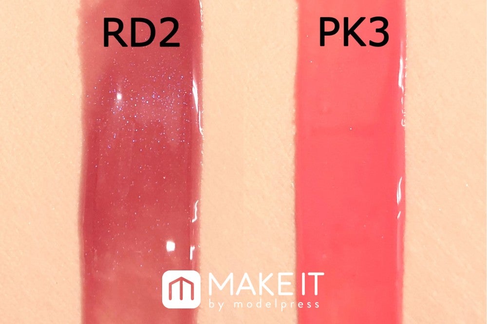 エテュセ／ジューシーリップジェル／（左から）RD2 カシスレッド、PK3 フラミンゴレディ (C)メイクイット