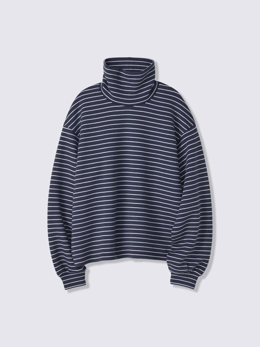 ネイビーベースに白の細ピッチボーダーが入ったハイネックTシャツ