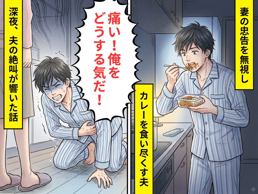 深夜…妻の忠告を無視し【カレー】を食い尽くす夫！しかし⇒「痛い！俺をどうする気だ！」妻「自業自得だね」