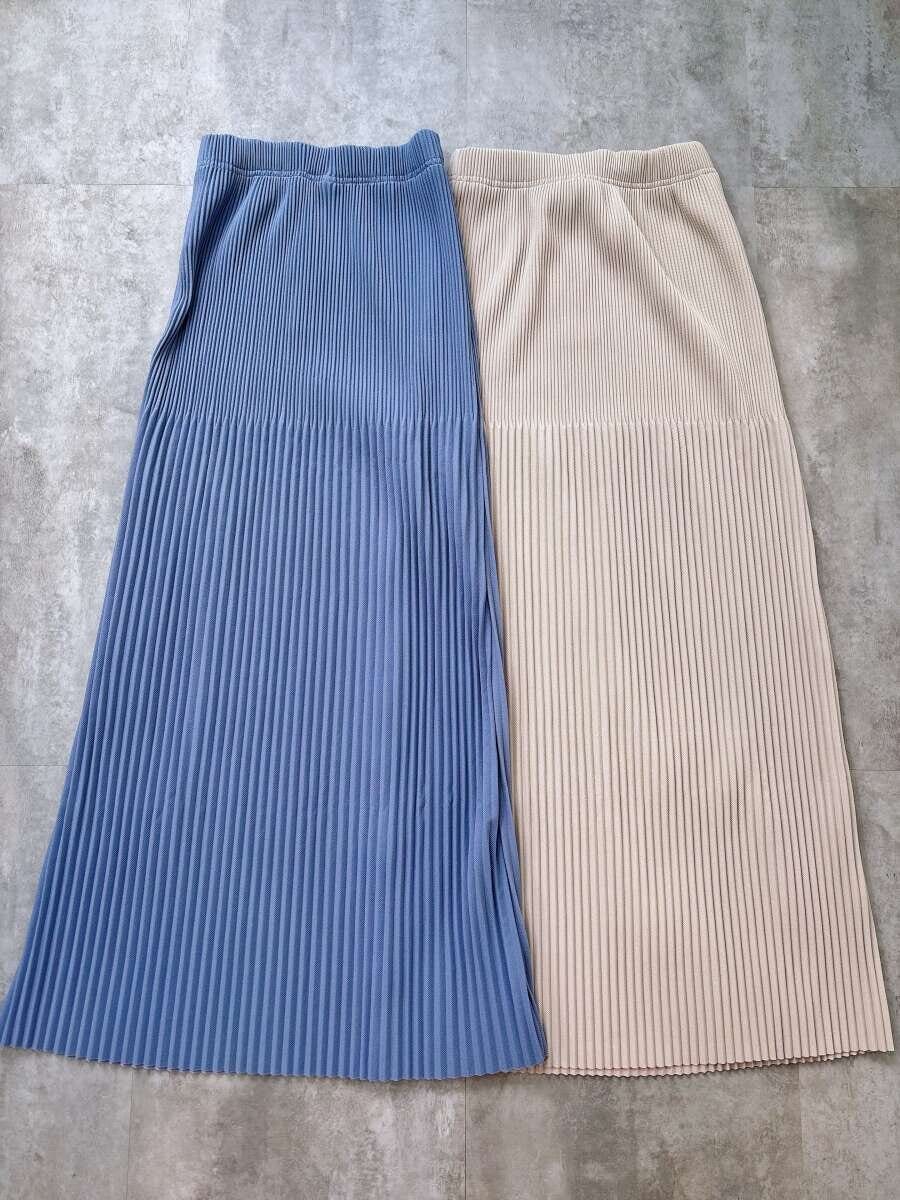 cocaランダムリブロングIラインスカート　ライトブルー＆ライトベージュ