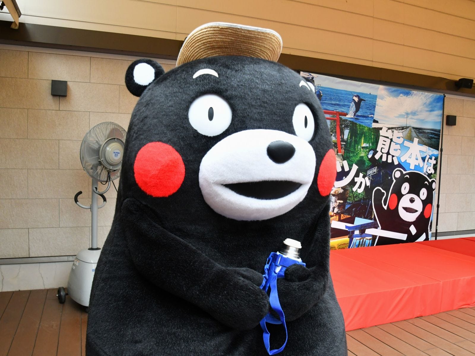 麦わら帽子をかぶる(?)くまモン=8月9日、東京都中央区