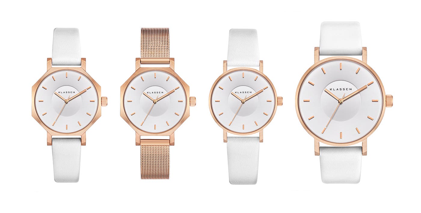 (左から)「OKTO WHITE ROSE 28MM」25,000円、「OKTO WHITE ROSE MESH 28MM」28,000円、「VOLARE WHITE ROSE 36MM」27,000円、「VOLARE WHITE ROSE 42MM」27,000円(すべて税抜)※OKTO WHITEROSEはバングルとセット