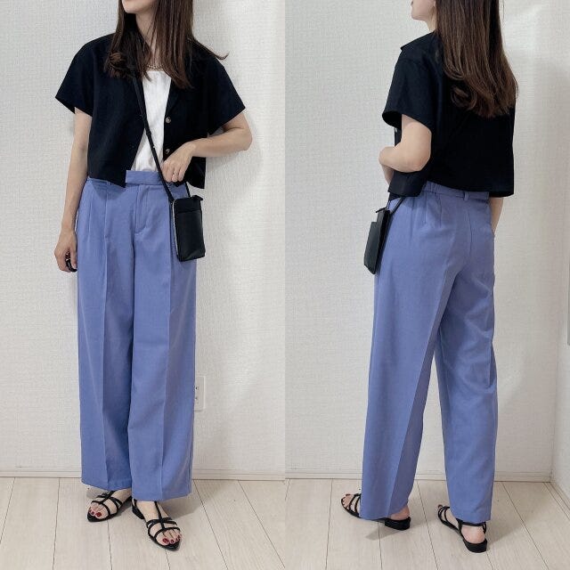 ローウエストバギーパンツ　短丈　シャツ　コーデ